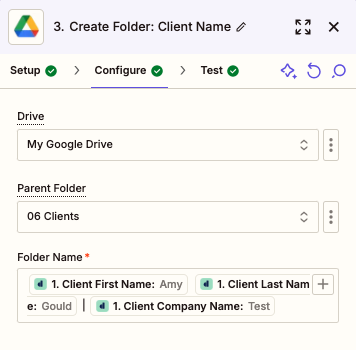 Zapier Configuration tab for Creating a Client Folder in Google Drive